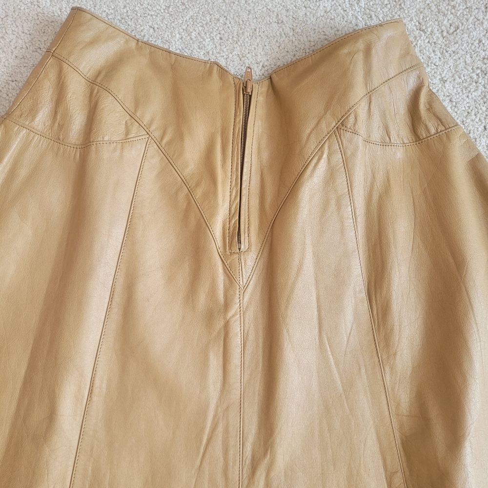 Vintage Women’s Tan Genuine Leather A-Line Skirt With Side Pockets M/L - Picture 8 of 8